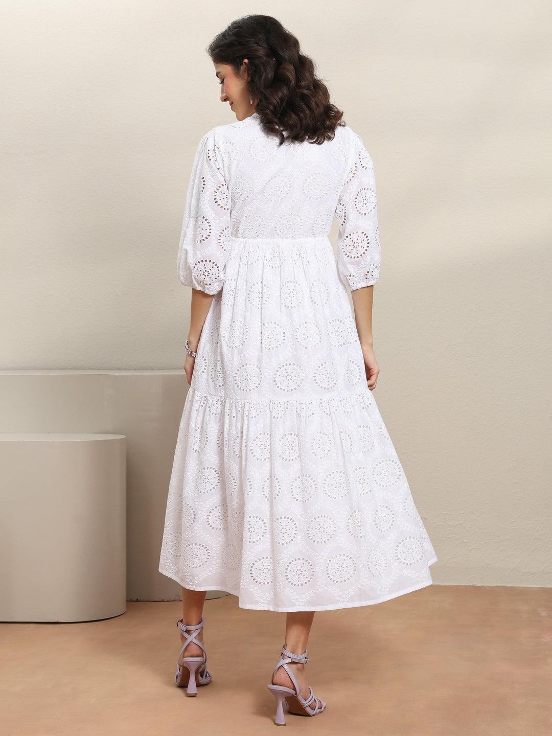  White Schiffli Embroidered Cotton Fit-And-Flare One-Piece Dress 