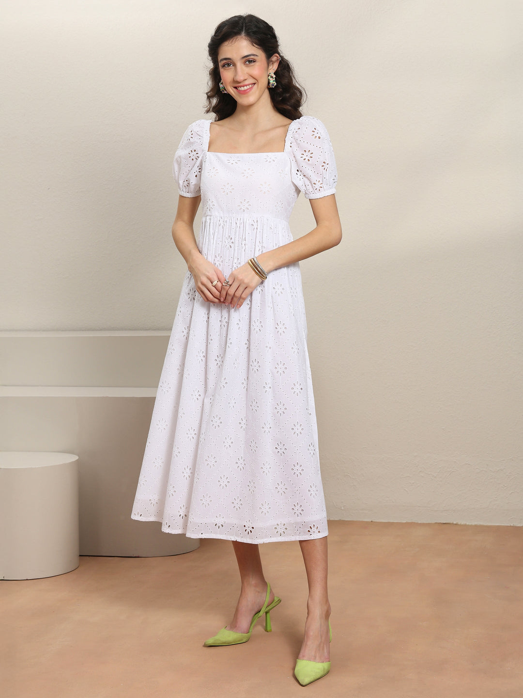 White Schiffli Embroidered Cotton A-Line One-Piece Dress 