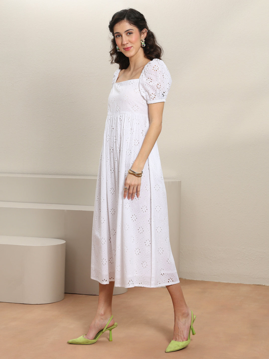  White Schiffli Embroidered Cotton A-Line One-Piece Dress 