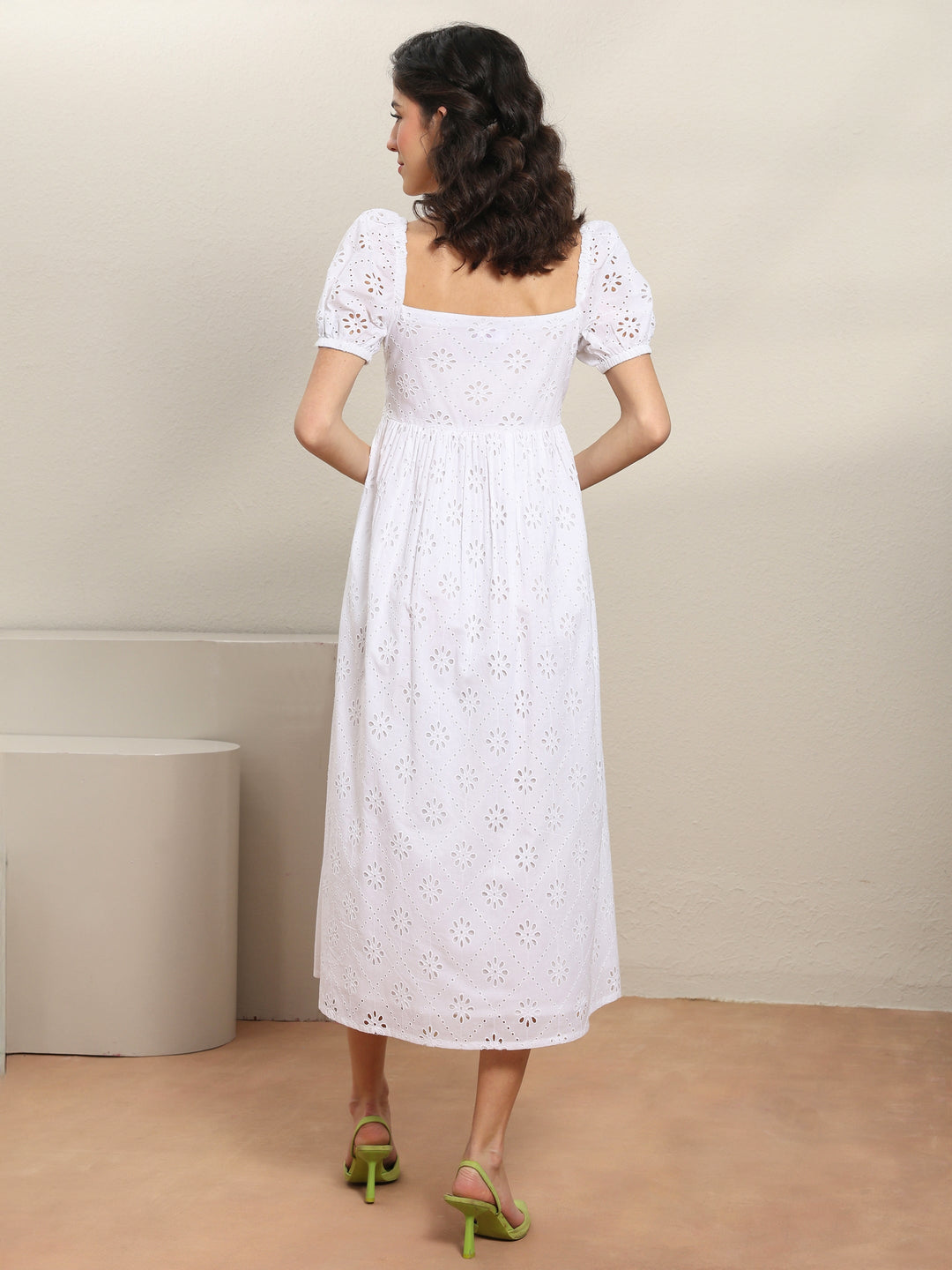  White Schiffli Embroidered Cotton A-Line One-Piece Dress 