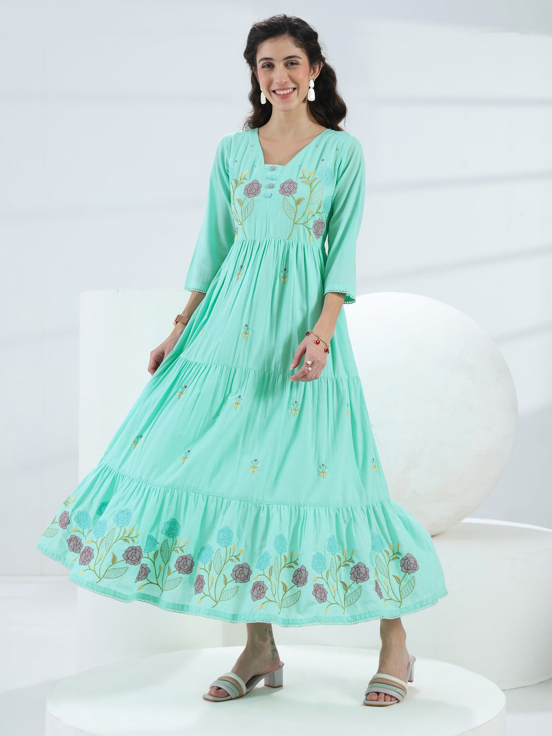  Blue Floral Embroidered Cotton Fit-And-Flare One-Piece Dress 