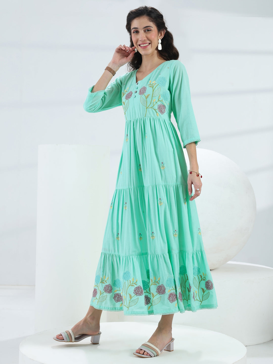 Blue Floral Embroidered Cotton Fit-And-Flare One-Piece Dress 