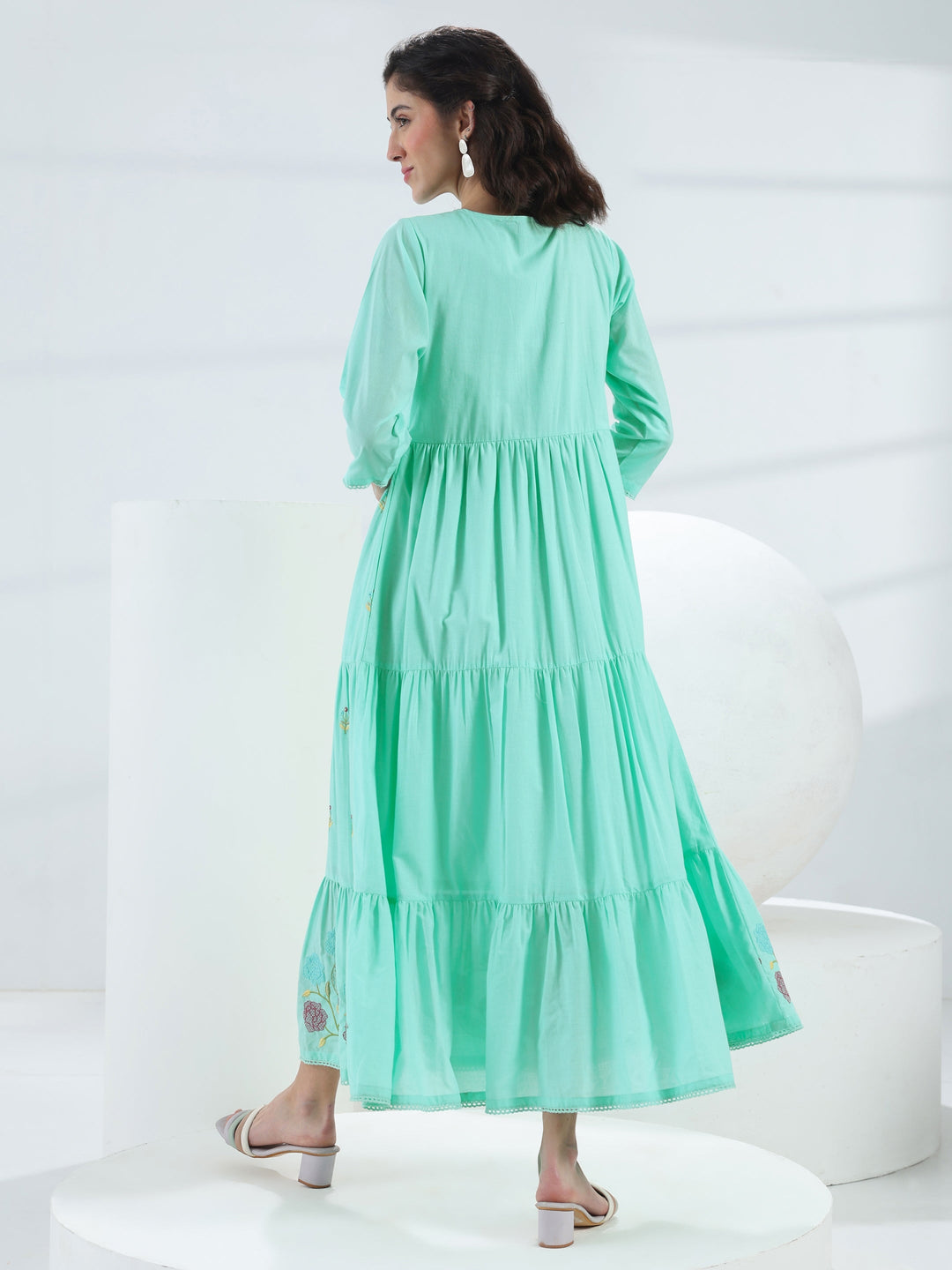  Blue Floral Embroidered Cotton Fit-And-Flare One-Piece Dress 