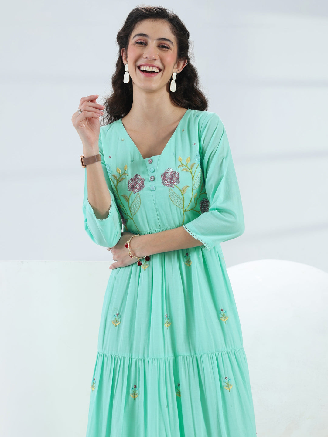  Blue Floral Embroidered Cotton Fit-And-Flare One-Piece Dress 