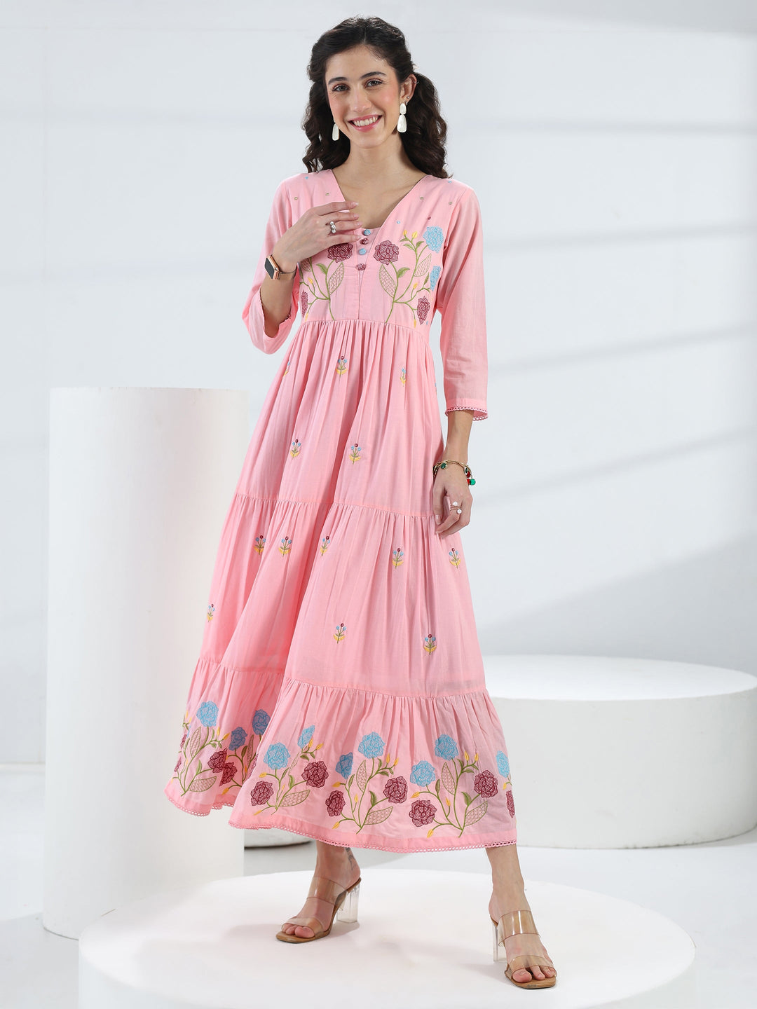  Pink Floral Embroidered Cotton Fit-And-Flare One-Piece Dress 