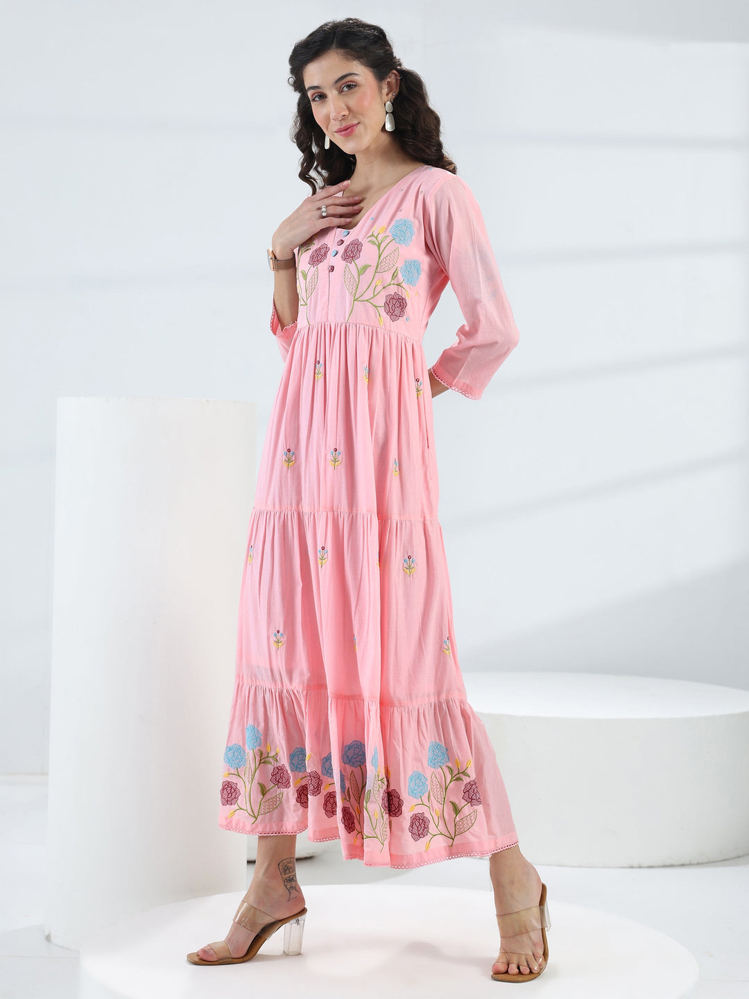 Pink Floral Embroidered Cotton Fit-And-Flare One-Piece Dress 
