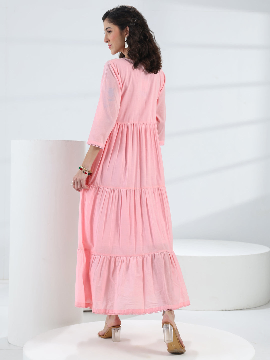  Pink Floral Embroidered Cotton Fit-And-Flare One-Piece Dress 