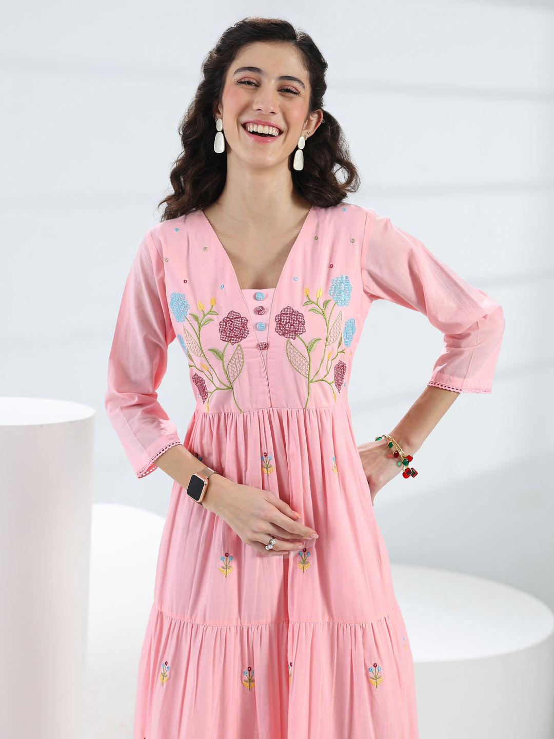  Pink Floral Embroidered Cotton Fit-And-Flare One-Piece Dress 