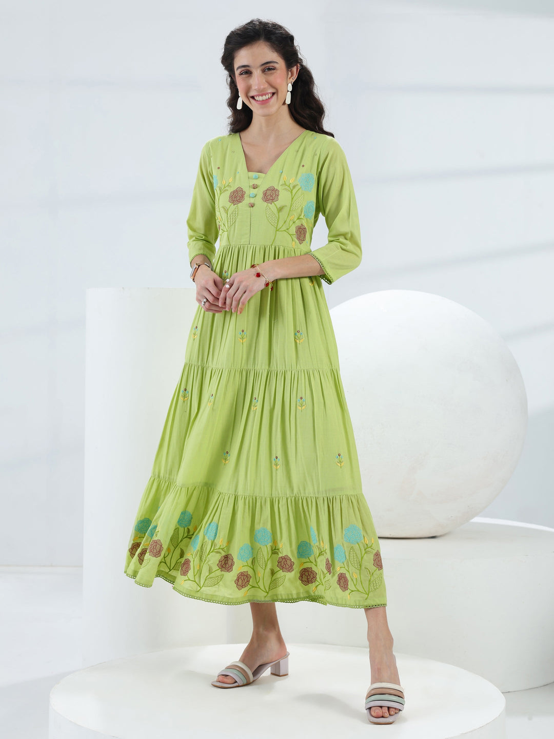  Green Floral Embroidered Cotton Fit-And-Flare One-Piece Dress 