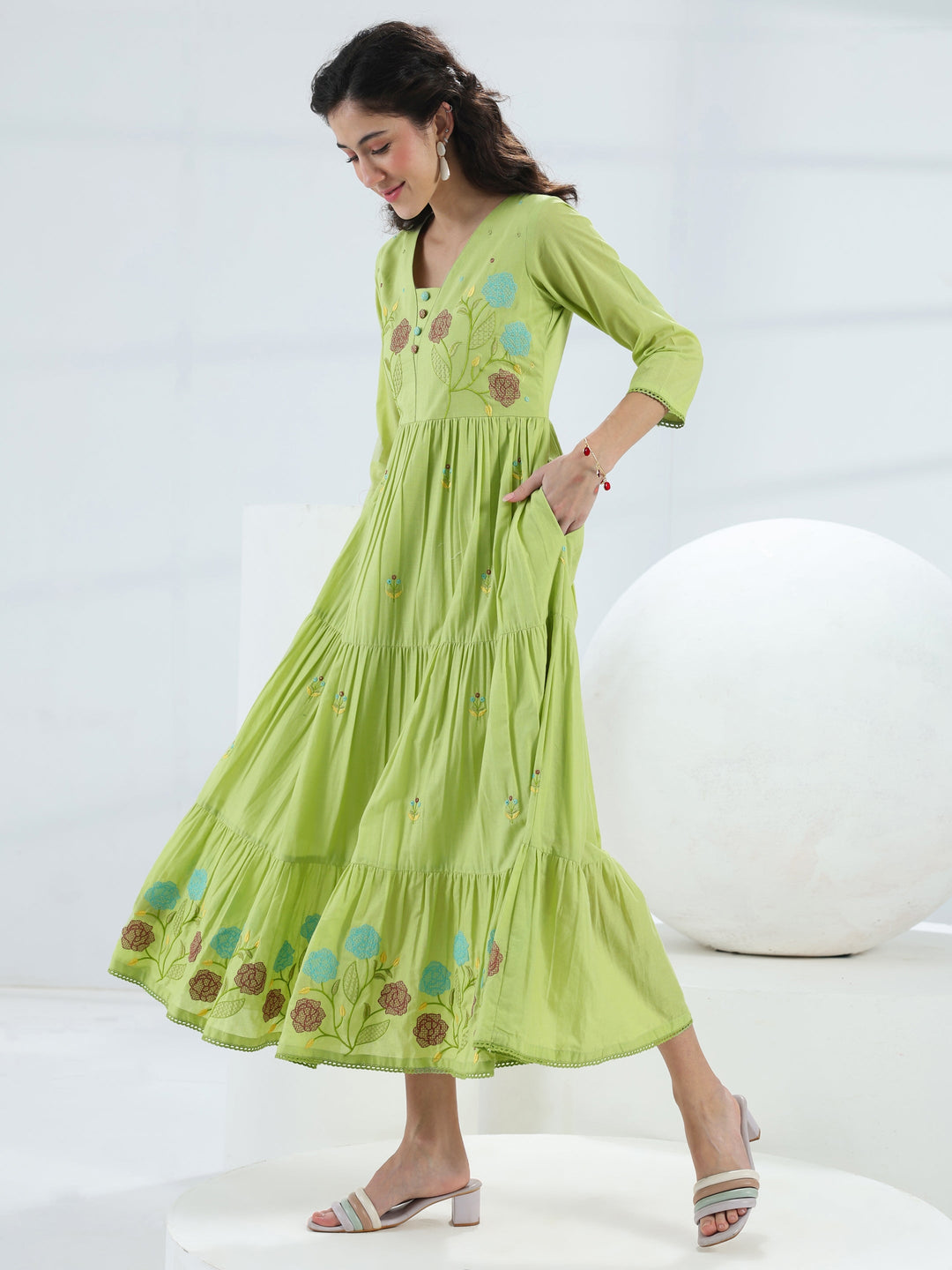  Green Floral Embroidered Cotton Fit-And-Flare One-Piece Dress 