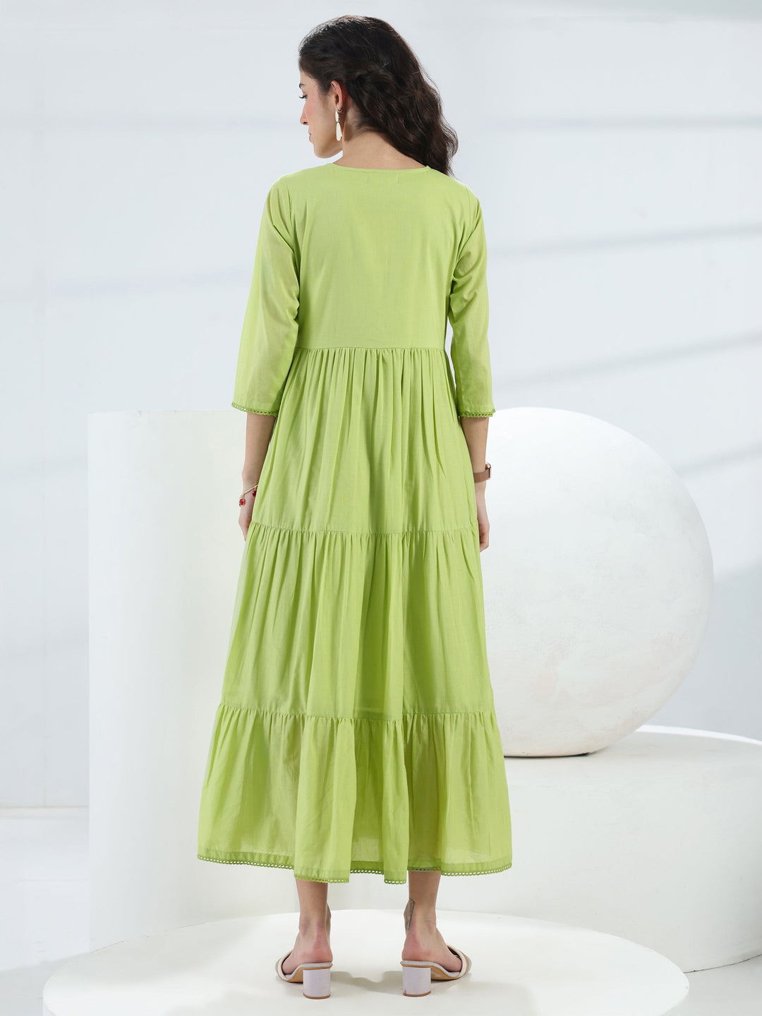  Green Floral Embroidered Cotton Fit-And-Flare One-Piece Dress 