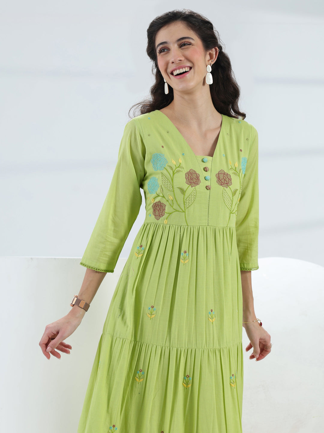  Green Floral Embroidered Cotton Fit-And-Flare One-Piece Dress 