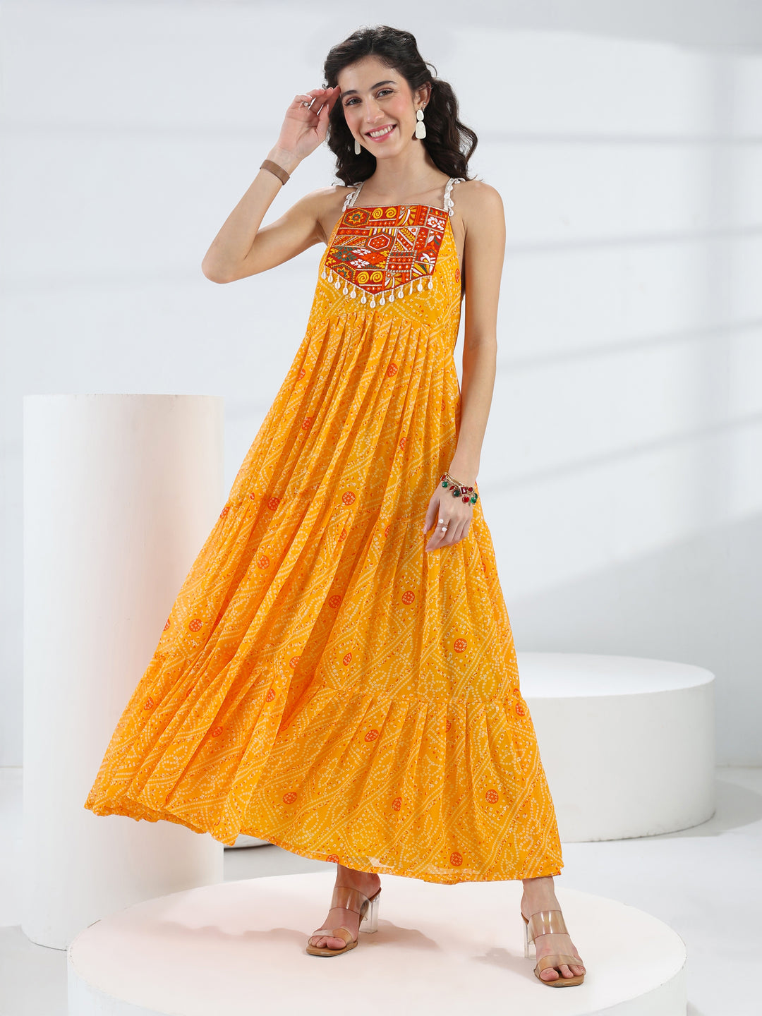  Libas Yellow Bandhani Printed Georgette Fit-And-Flare One-Piece Dress 