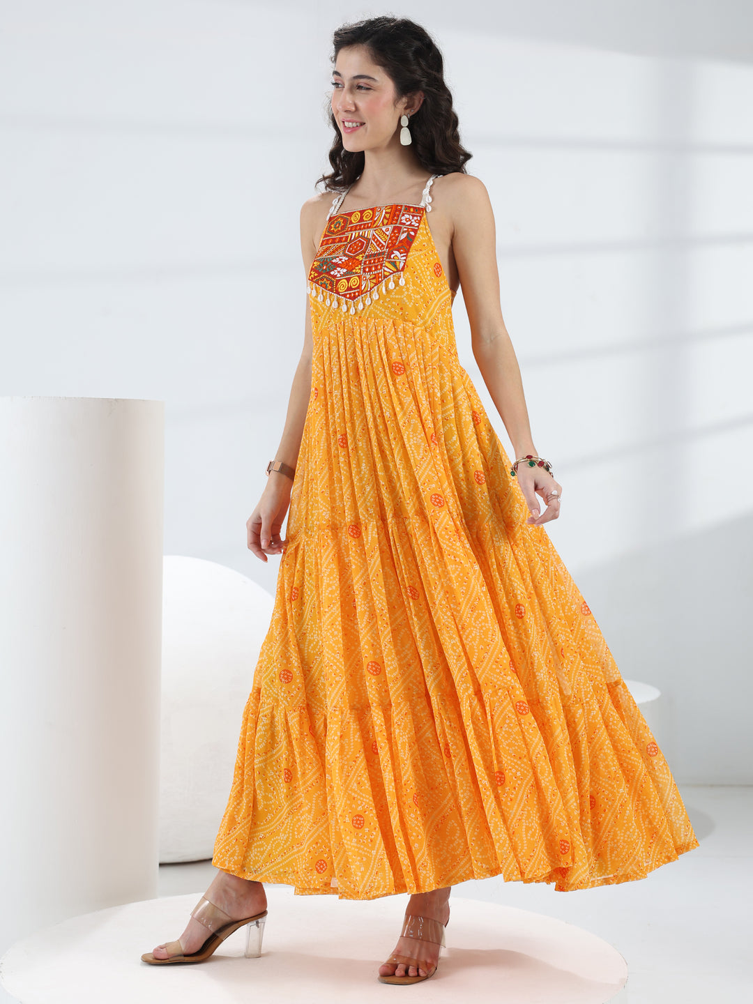  Libas Yellow Bandhani Printed Georgette Fit-And-Flare One-Piece Dress 