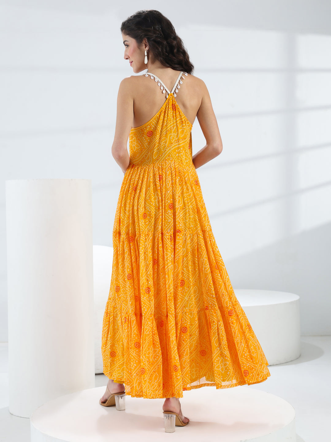  Libas Yellow Bandhani Printed Georgette Fit-And-Flare One-Piece Dress 