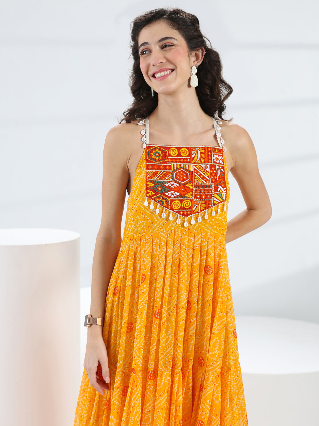  Libas Yellow Bandhani Printed Georgette Fit-And-Flare One-Piece Dress 