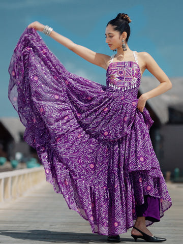Purple Bandhani Printed Georgette Fit-And-Flare One-Piece Dress