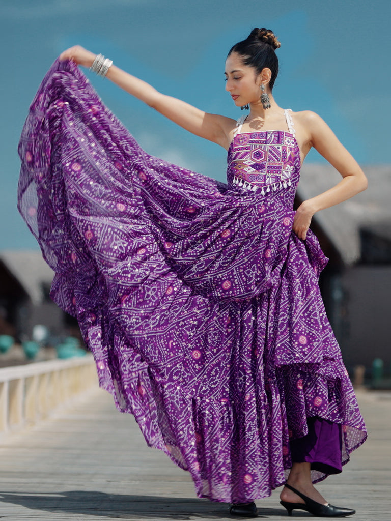 Libas Purple Bandhani Printed Georgette Fit-And-Flare One-Piece Dress