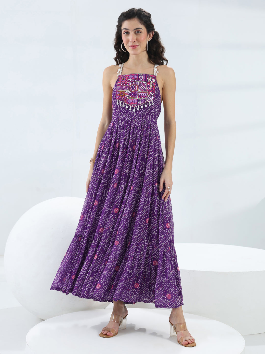  Purple Bandhani Printed Georgette Fit-And-Flare One-Piece Dress 