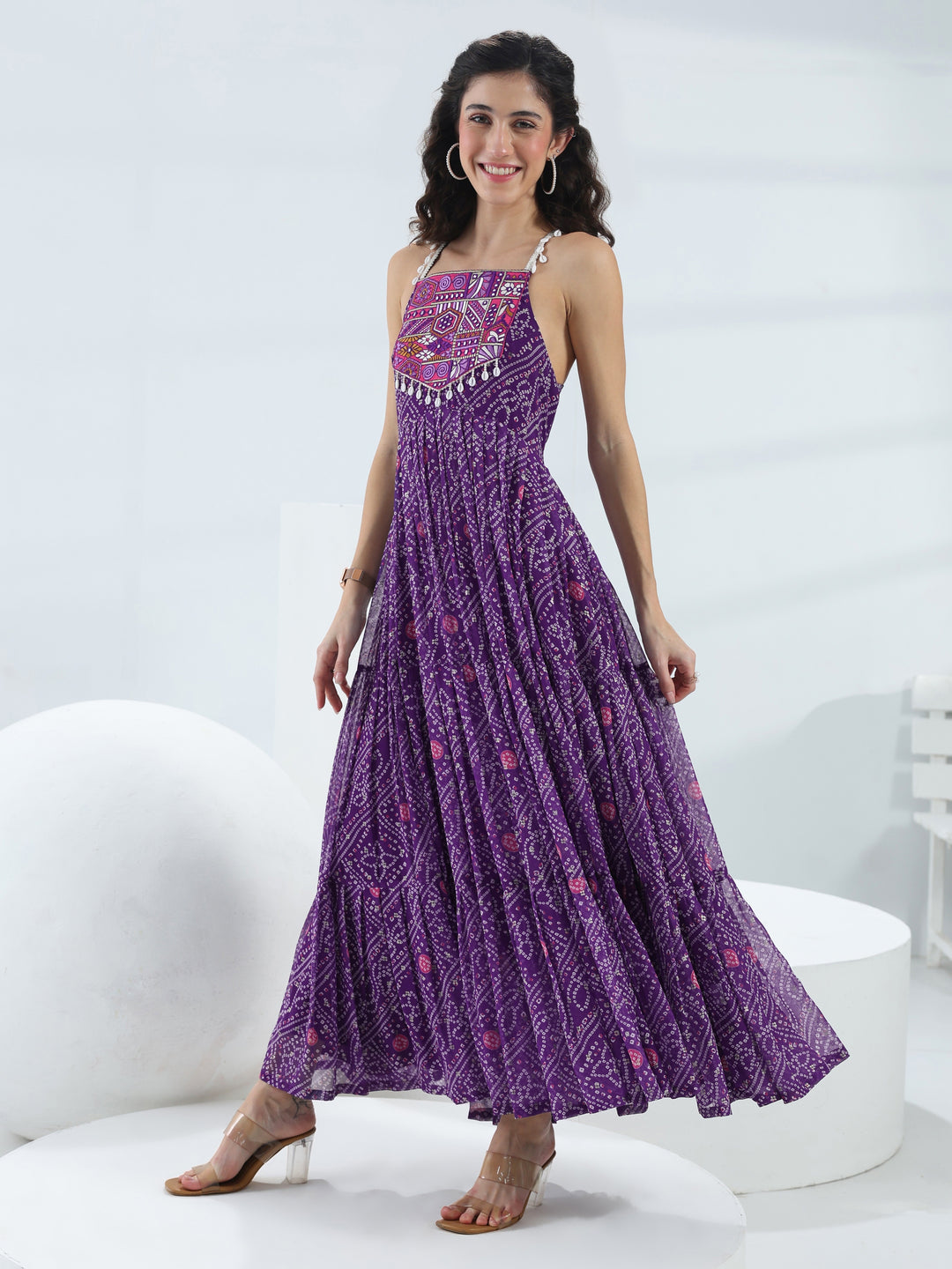  Purple Bandhani Printed Georgette Fit-And-Flare One-Piece Dress 