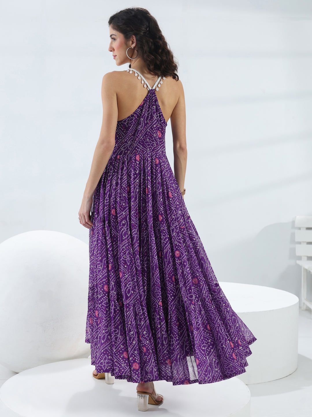  Purple Bandhani Printed Georgette Fit-And-Flare One-Piece Dress 