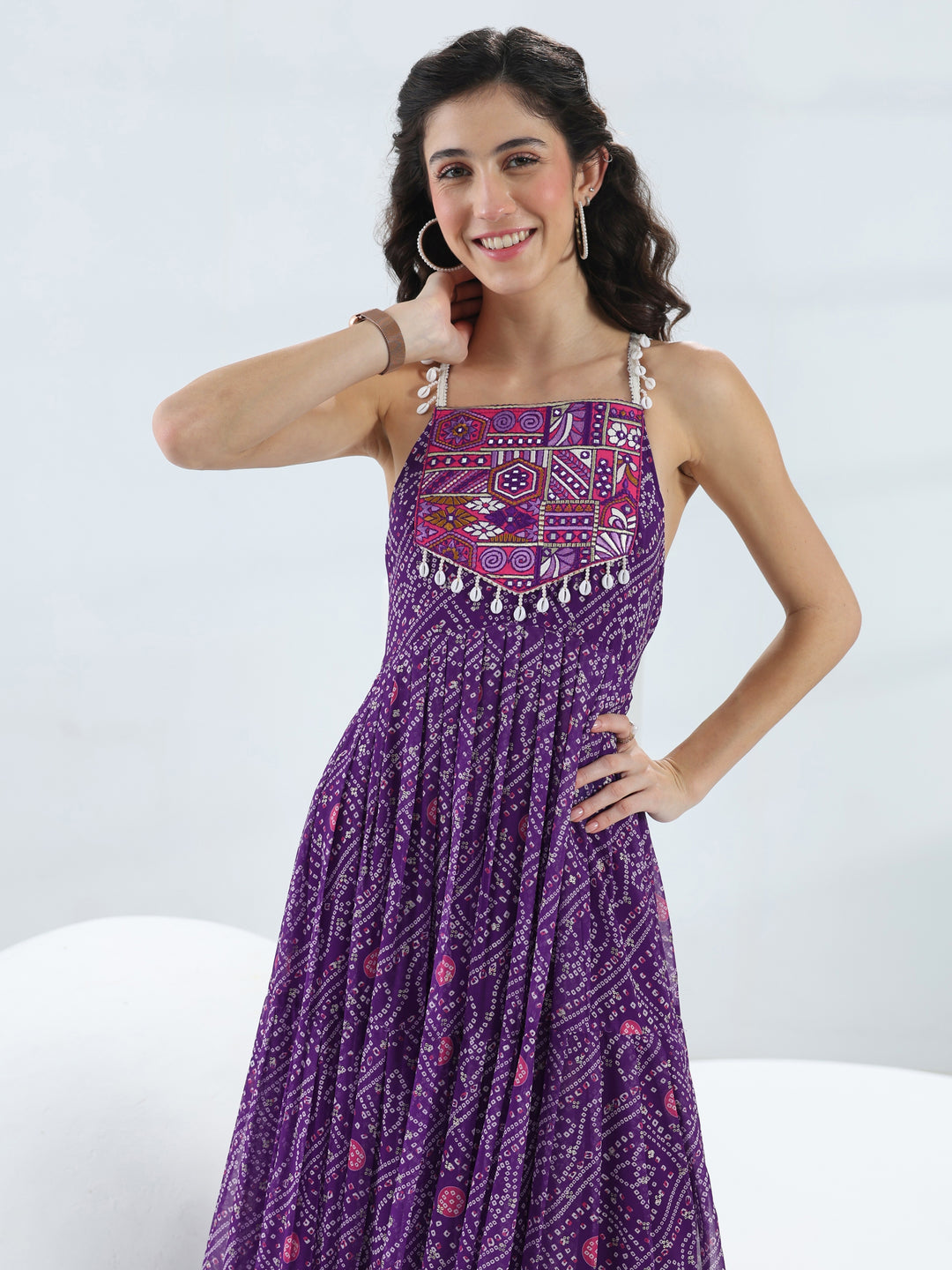  Purple Bandhani Printed Georgette Fit-And-Flare One-Piece Dress 