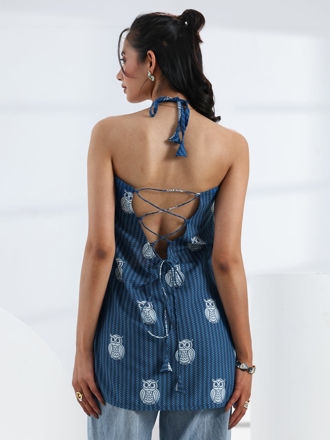  Blue Quirky Printed Cotton Straight Short Kurti 