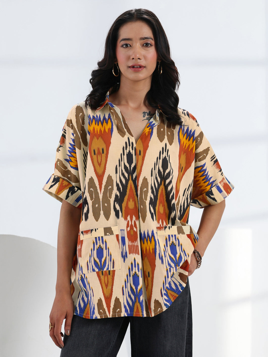  Multi- Coloured Abstract Printed Cotton Straight Short Kurti 