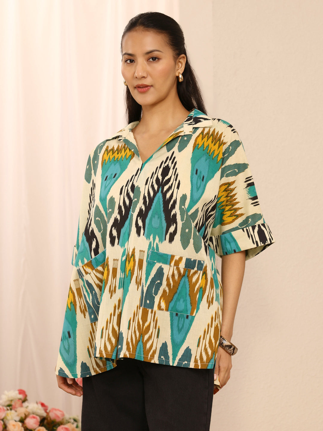  Multi Abstract Printed Cotton Blend Straight Short Kurti 
