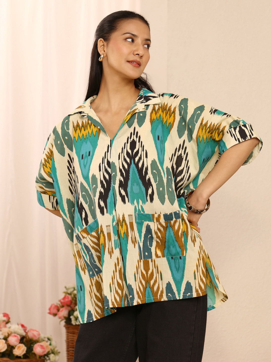  Multi Abstract Printed Cotton Blend Straight Short Kurti 