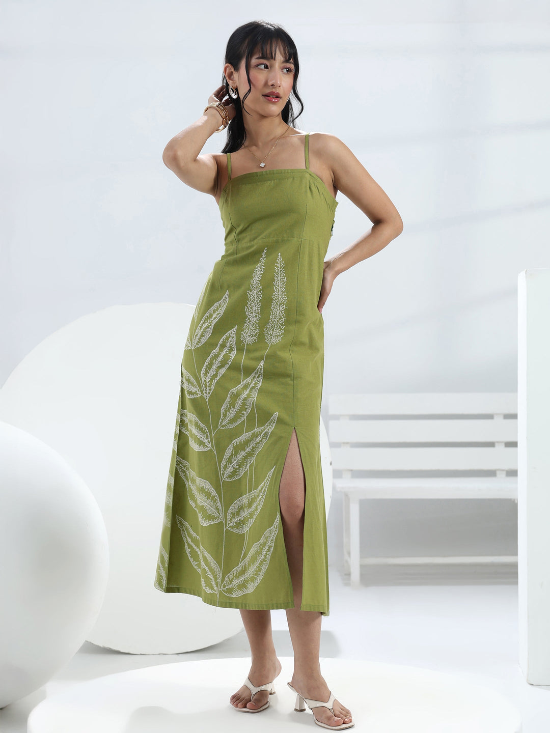  Green Printed A-Line Cotton One-Piece Dress 