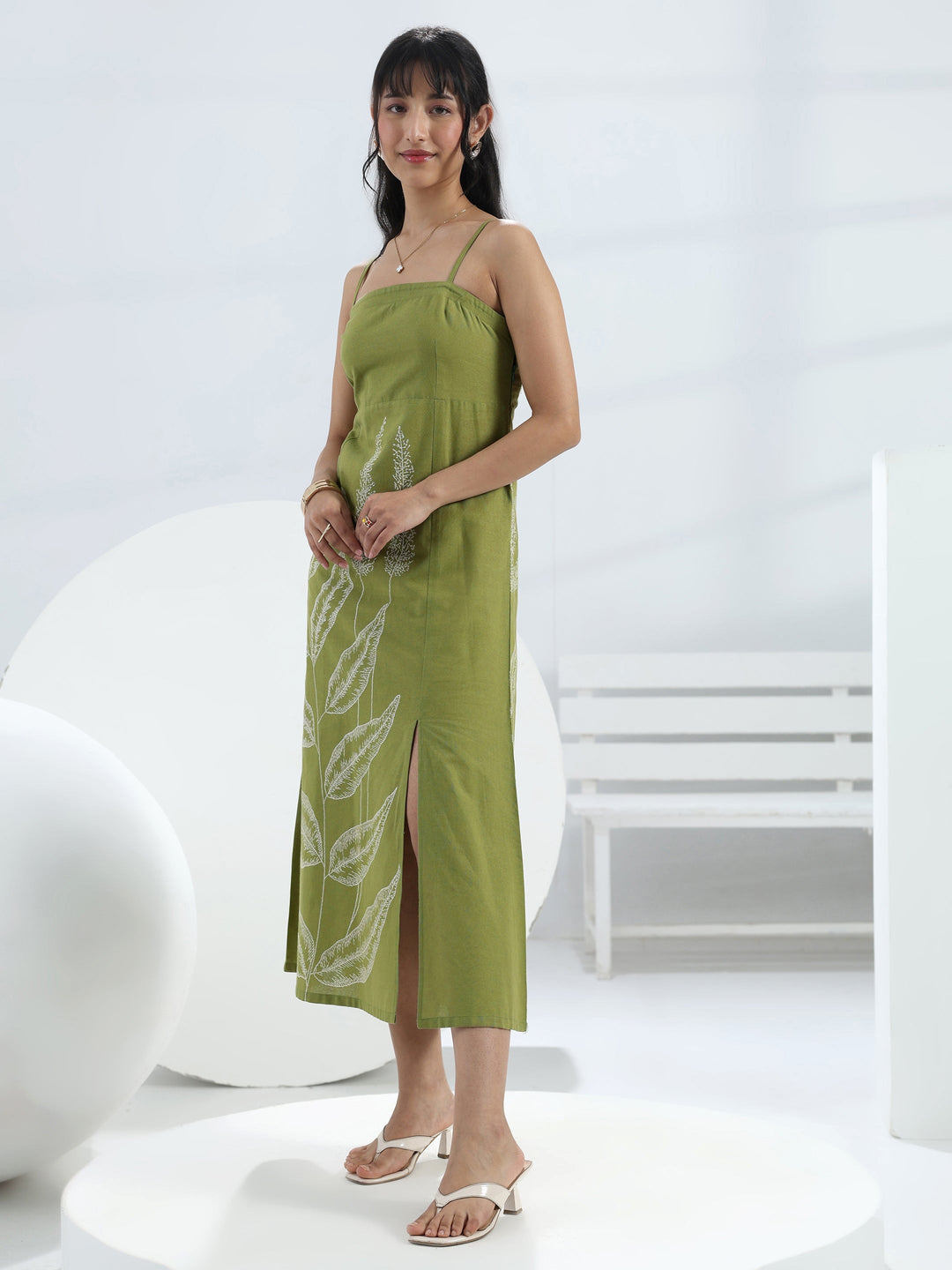  Green Printed A-Line Cotton One-Piece Dress 