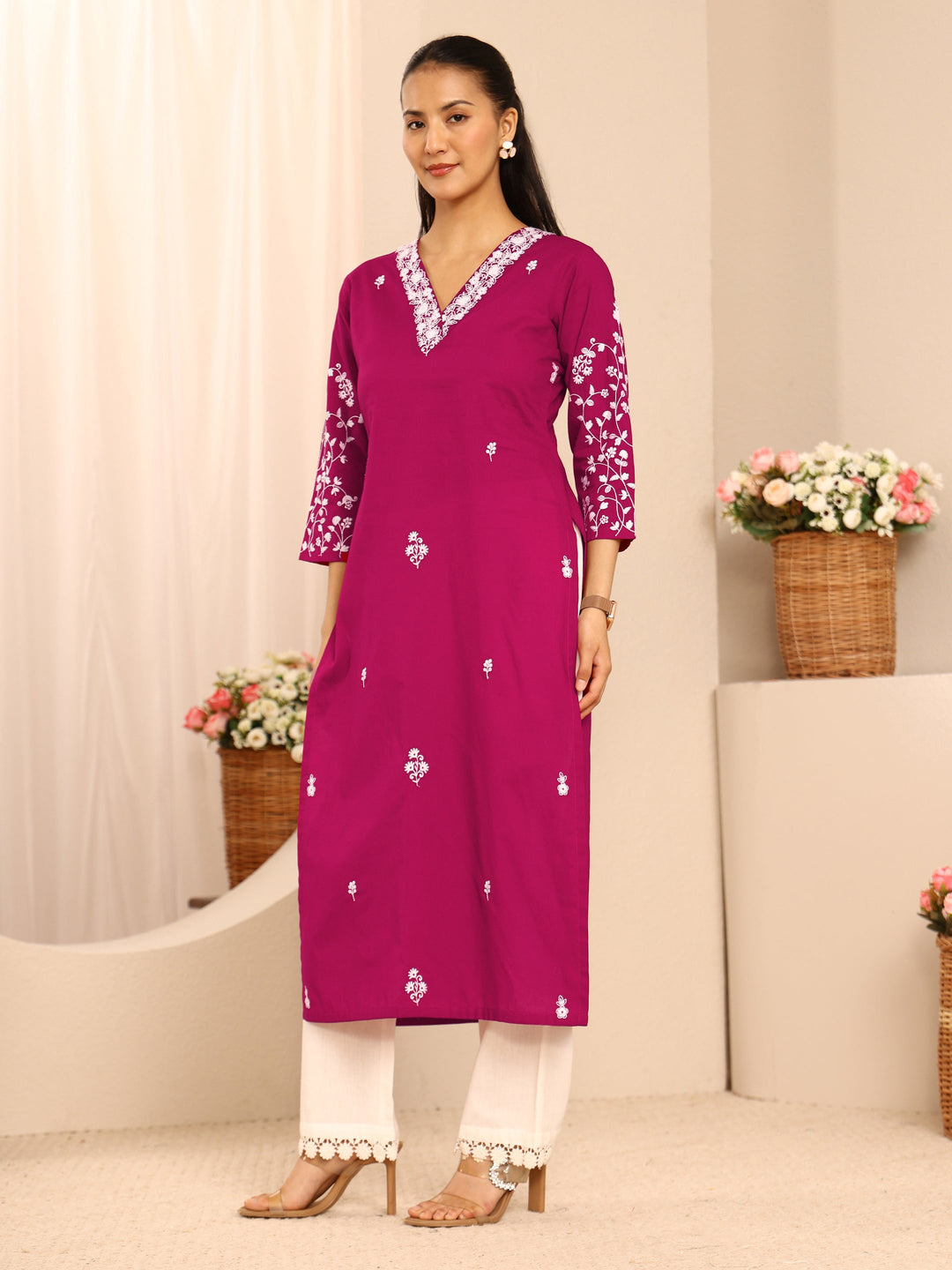  Pink Floral Embroidered Cotton Straight Kurta 