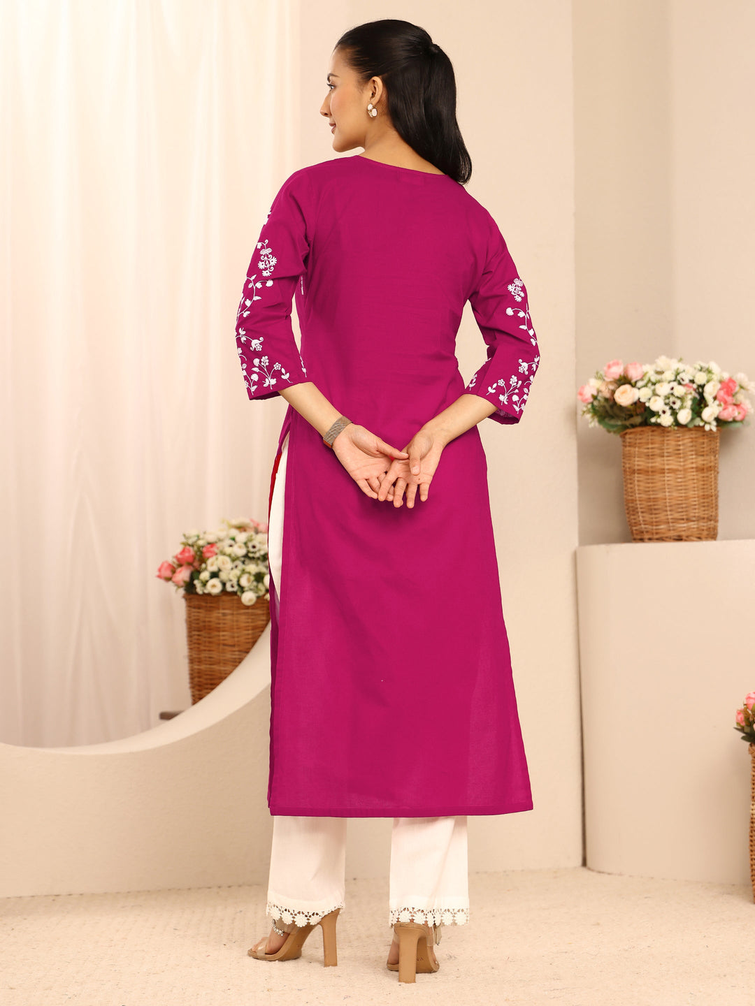  Pink Floral Embroidered Cotton Straight Kurta 