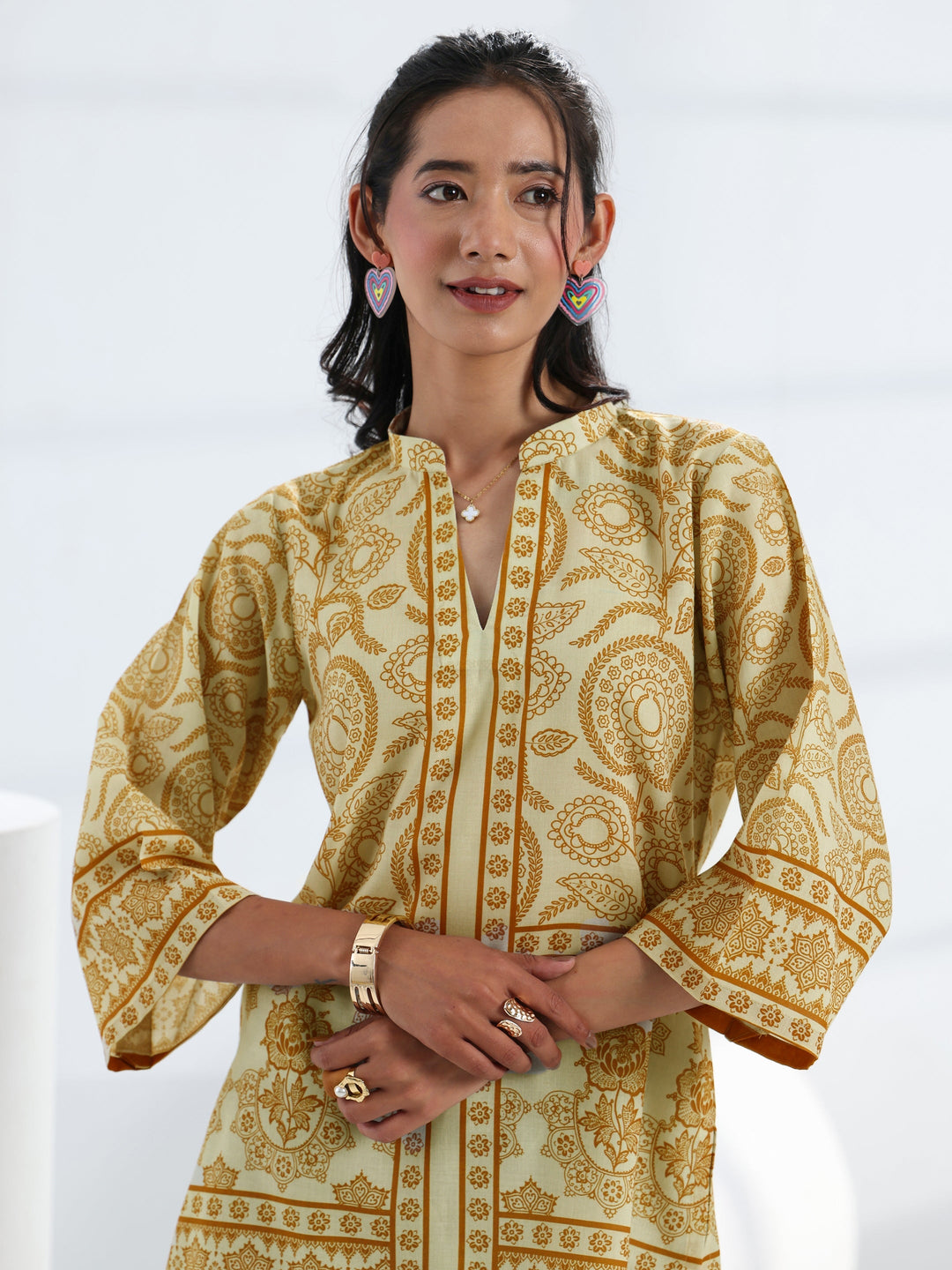  Yellow Ethnic Printed Cotton Blend Straight Short Kurti 
