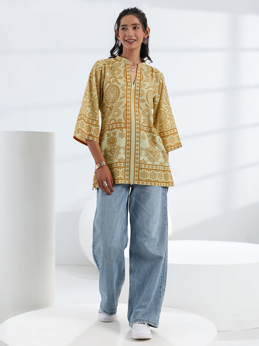 Yellow Ethnic Printed Cotton Blend Straight Short Kurti 