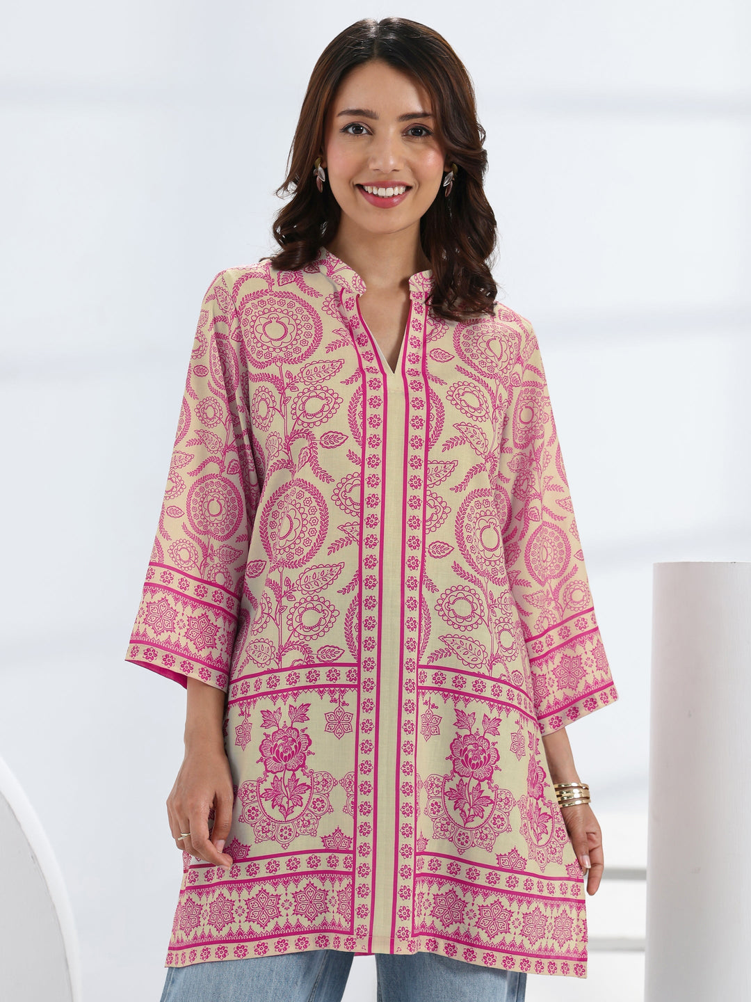  Pink Ethnic Motif Printed Cotton Blend Straight Short Kurti 