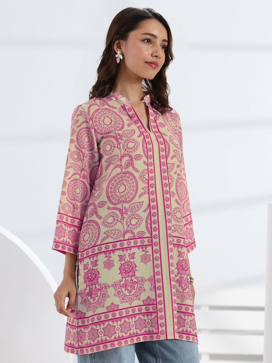  Pink Ethnic Motif Printed Cotton Blend Straight Short Kurti 