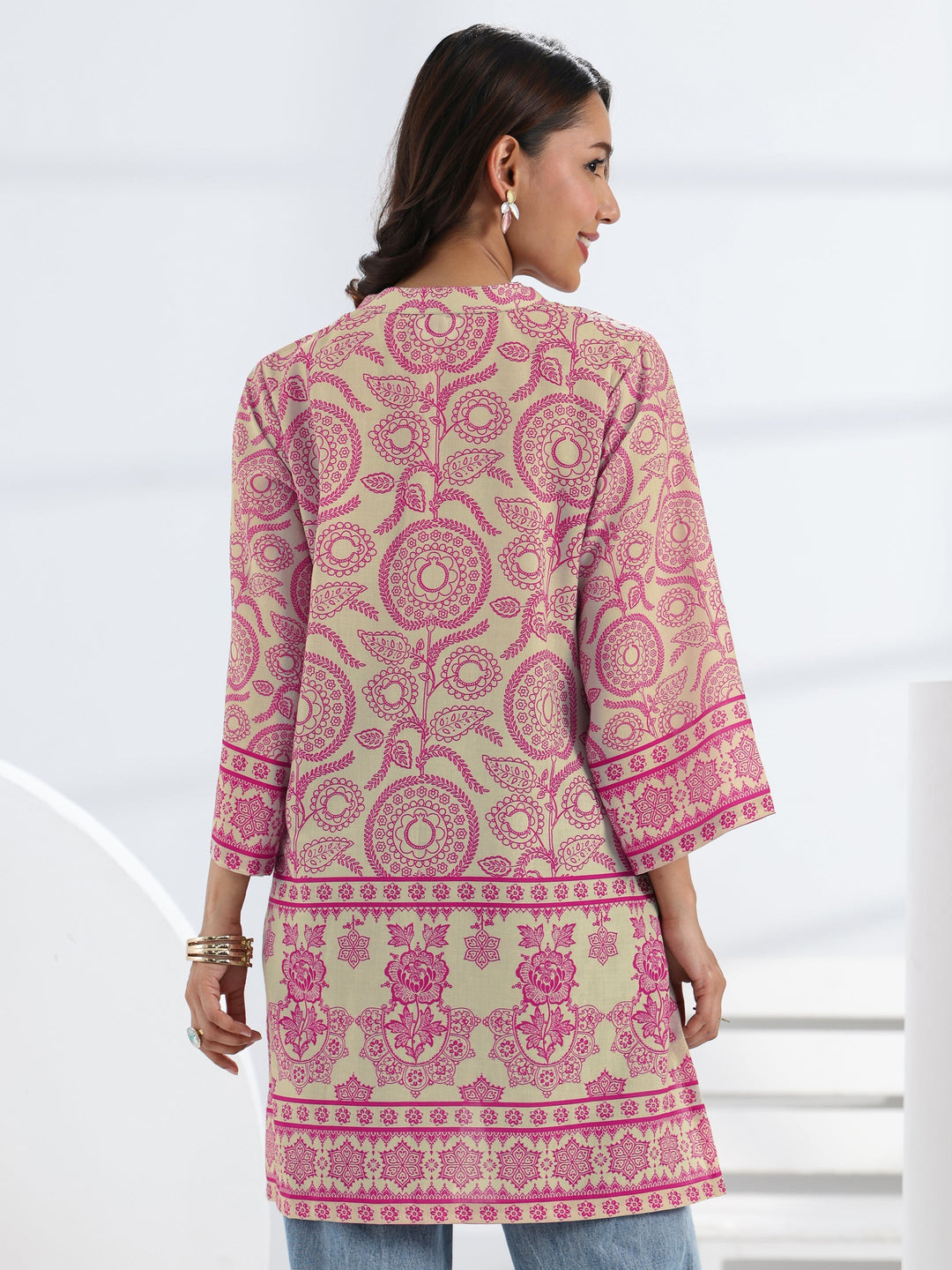  Pink Ethnic Motif Printed Cotton Blend Straight Short Kurti 