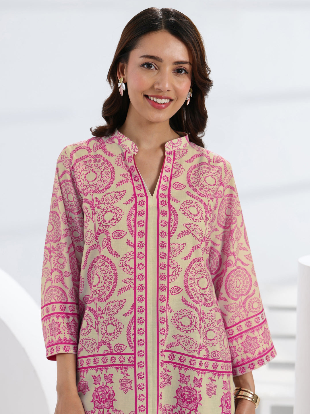  Pink Ethnic Motif Printed Cotton Blend Straight Short Kurti 