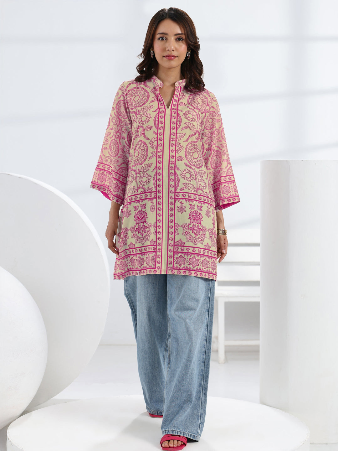  Pink Ethnic Motif Printed Cotton Blend Straight Short Kurti 