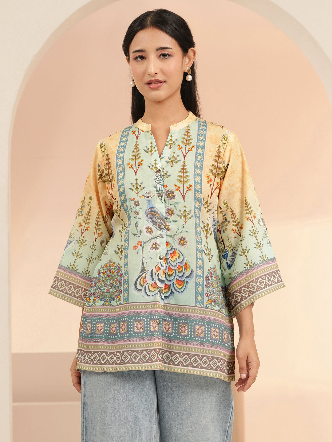  Multi Ethnic Motif Printed Cotton Blend Straight Short Kurti 