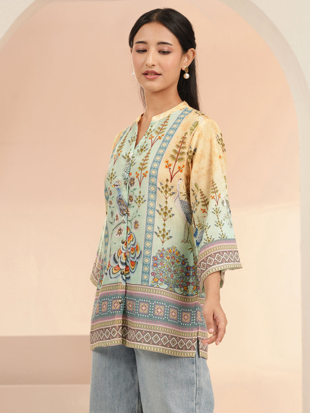  Multi Ethnic Motif Printed Cotton Blend Straight Short Kurti 