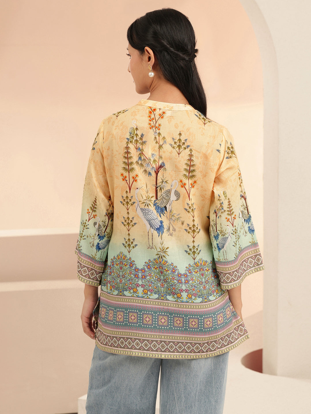  Multi Ethnic Motif Printed Cotton Blend Straight Short Kurti 