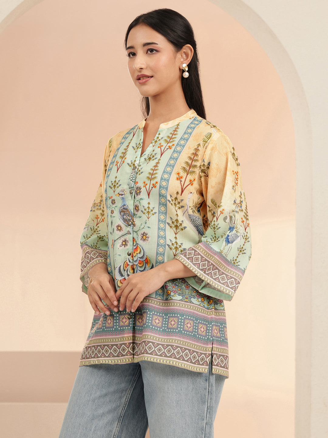  Multi Ethnic Motif Printed Cotton Blend Straight Short Kurti 