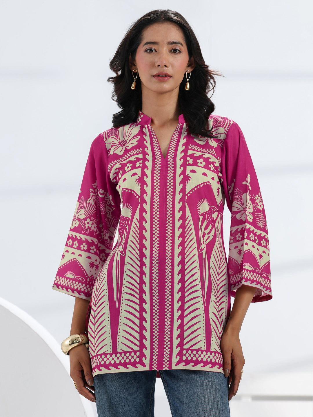  Pink Tropical Printed Cotton Blend Straight Short Kurti 