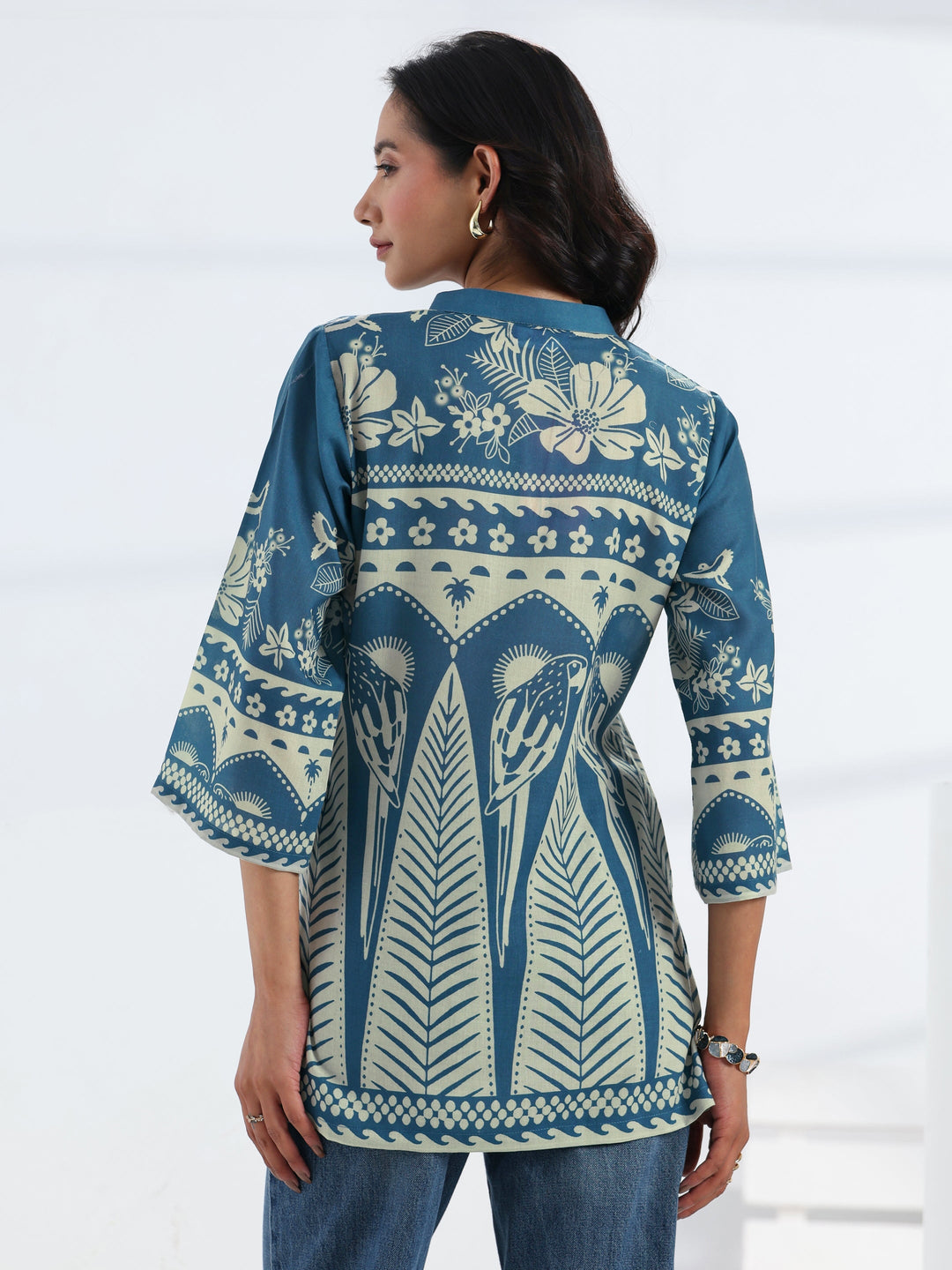  Blue Tropical Printed Cotton Blend Straight Short Kurti 