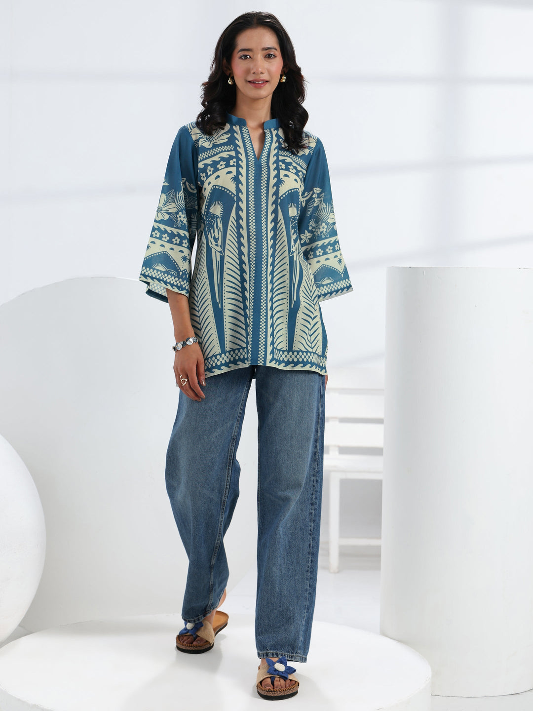  Blue Tropical Printed Cotton Blend Straight Short Kurti 