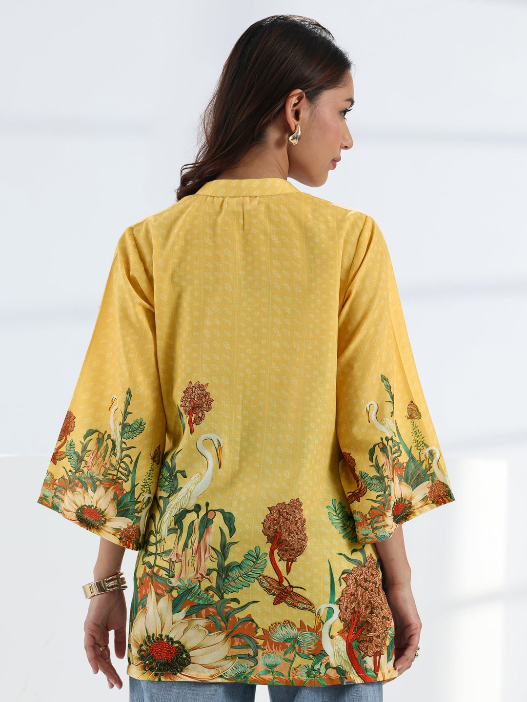  Yellow Tropical Printed Cotton Blend Straight Short Kurti 