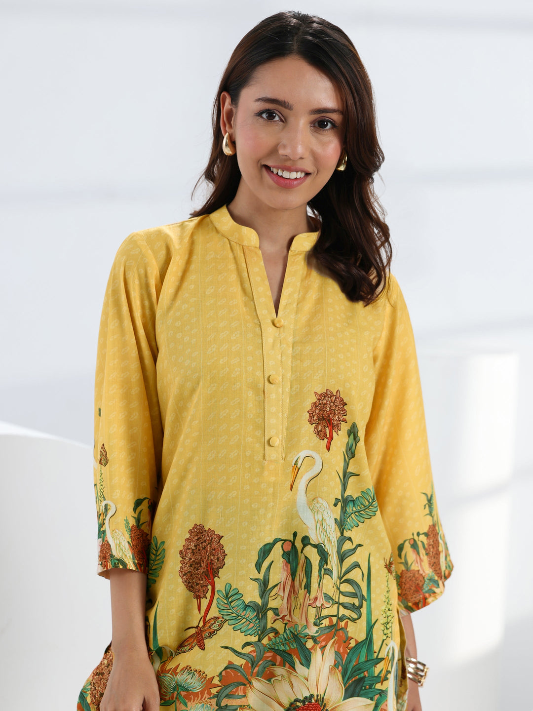  Yellow Tropical Printed Cotton Blend Straight Short Kurti 
